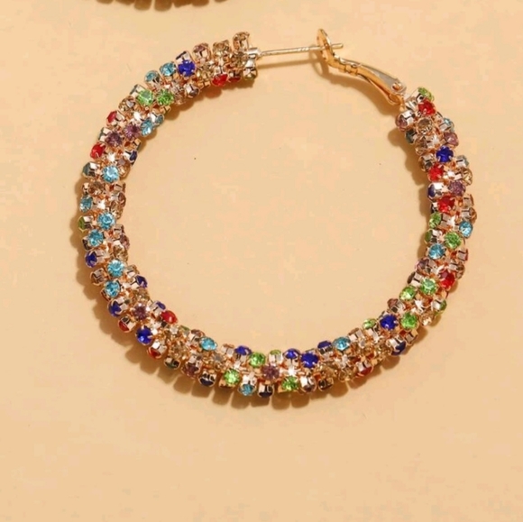 Colorful Rhinestone Hoop Earrings - Picture 3 of 7
